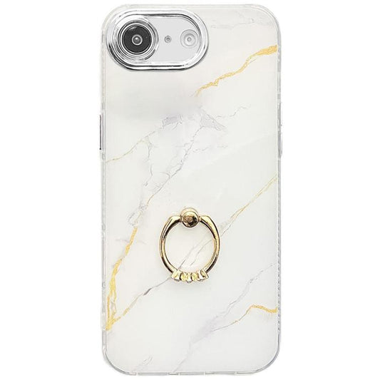 For iPhone 16e Electroplated Marble Texture Ring Holder Phone Case(Gold White S1) - iPhone 16e Cases by PMC Jewellery | Online Shopping South Africa | PMC Jewellery | Buy Now Pay Later Mobicred