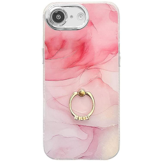 For iPhone 16e Electroplated Marble Texture Ring Holder Phone Case(Pink S2) - iPhone 16e Cases by PMC Jewellery | Online Shopping South Africa | PMC Jewellery | Buy Now Pay Later Mobicred