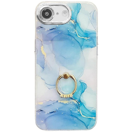 For iPhone 16e Electroplated Marble Texture Ring Holder Phone Case(Blue Green S9) - iPhone 16e Cases by PMC Jewellery | Online Shopping South Africa | PMC Jewellery | Buy Now Pay Later Mobicred