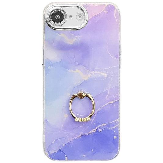 For iPhone 16e Electroplated Marble Texture Ring Holder Phone Case(Blue Purple S10) - iPhone 16e Cases by PMC Jewellery | Online Shopping South Africa | PMC Jewellery | Buy Now Pay Later Mobicred