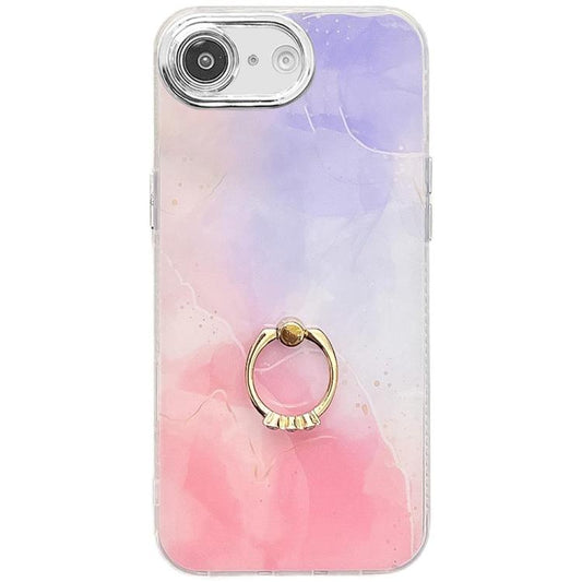 For iPhone 16e Electroplated Marble Texture Ring Holder Phone Case(Purple Pink S14) - iPhone 16e Cases by PMC Jewellery | Online Shopping South Africa | PMC Jewellery | Buy Now Pay Later Mobicred