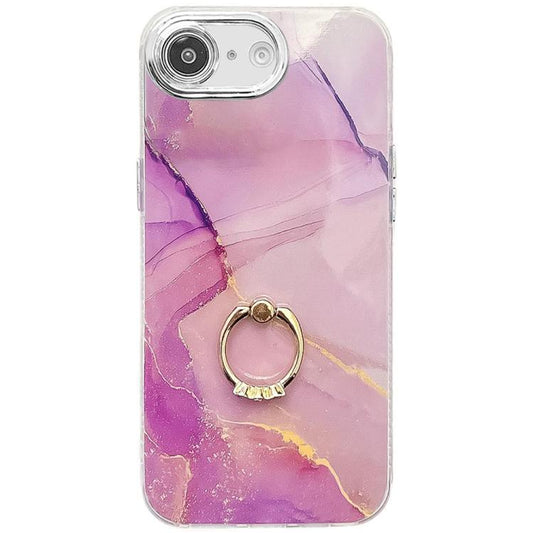 For iPhone 16e Electroplated Marble Texture Ring Holder Phone Case(Gold Purple Red S15) - iPhone 16e Cases by PMC Jewellery | Online Shopping South Africa | PMC Jewellery | Buy Now Pay Later Mobicred