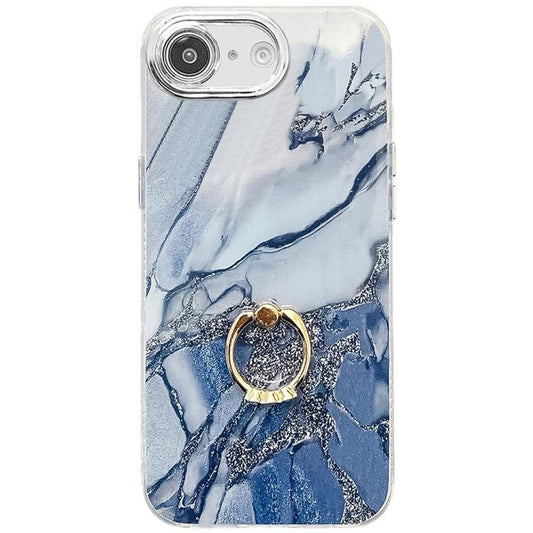 For iPhone 16e Electroplated Marble Texture Ring Holder Phone Case(Navy Blue S17) - iPhone 16e Cases by PMC Jewellery | Online Shopping South Africa | PMC Jewellery | Buy Now Pay Later Mobicred