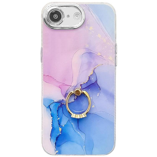 For iPhone 16e Electroplated Marble Texture Ring Holder Phone Case(Purple Blue S18) - iPhone 16e Cases by PMC Jewellery | Online Shopping South Africa | PMC Jewellery | Buy Now Pay Later Mobicred