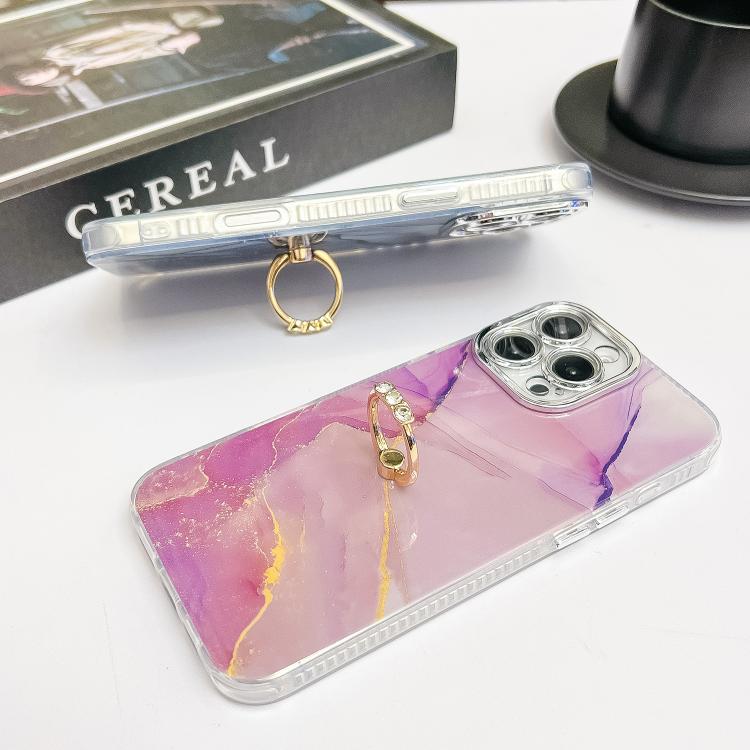 For iPhone 16e Electroplated Marble Texture Ring Holder Phone Case(Purple Pink S14) - iPhone 16e Cases by PMC TechLife | Online Shopping South Africa | PMC TechLife | Buy Now Pay Later Mobicred