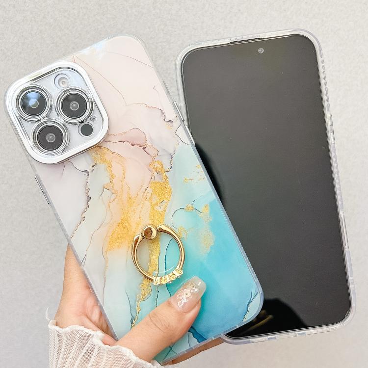 For iPhone 16e Electroplated Marble Texture Ring Holder Phone Case(Blue Purple S10) - iPhone 16e Cases by PMC TechLife | Online Shopping South Africa | PMC TechLife | Buy Now Pay Later Mobicred
