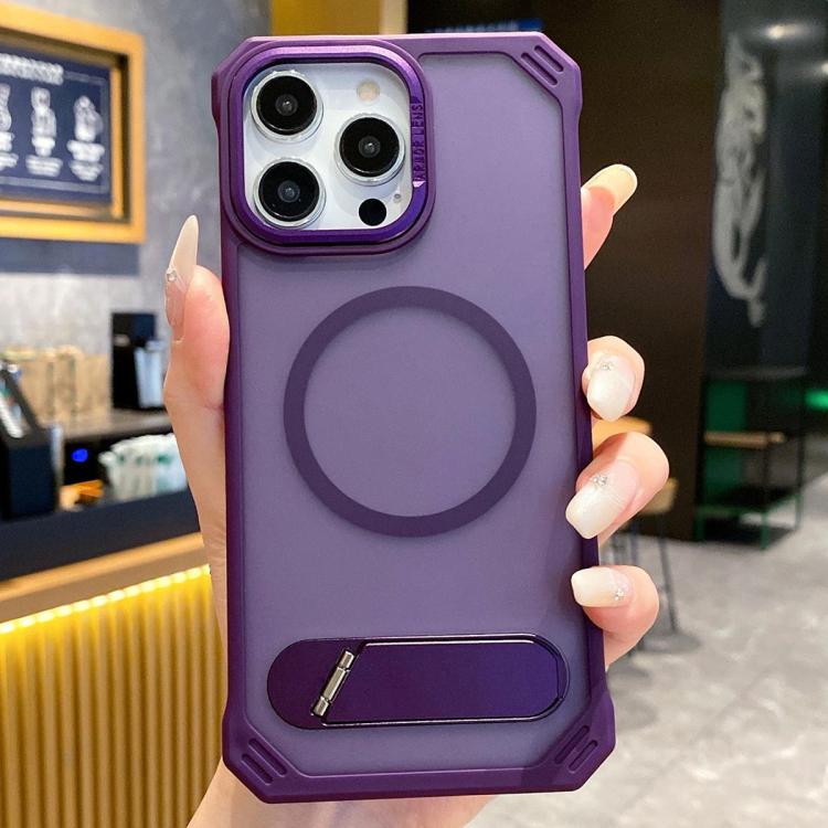 For iPhone 13 Pro Skin Feel Frameless MagSafe PC Phone Case with Fold Holder(Purple) - iPhone 13 Pro Cases by PMc TechLife | Online Shopping South Africa | PMc TechLife | Buy Now Pay Later Mobicred