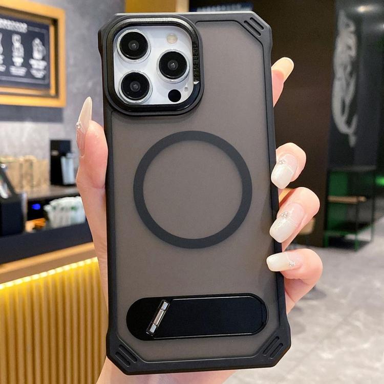 For iPhone 15 Pro Skin Feel Frameless MagSafe PC Phone Case with Fold Holder(Black) - iPhone 15 Pro Cases by PMc TechLife | Online Shopping South Africa | PMc TechLife | Buy Now Pay Later Mobicred