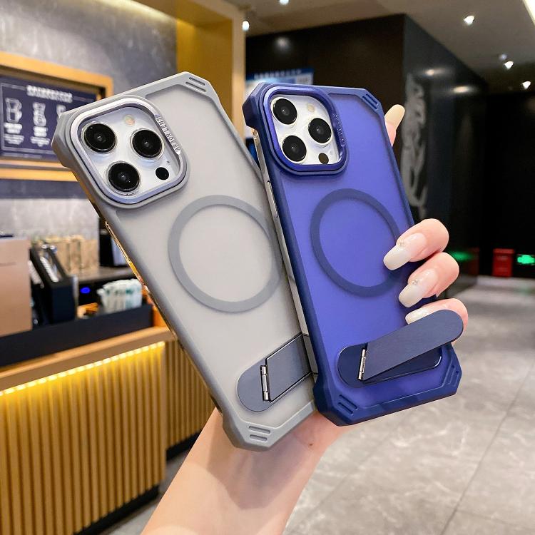 For iPhone 15 Pro Max Skin Feel Frameless MagSafe PC Phone Case with Fold Holder(Blue) - iPhone 15 Pro Max Cases by PMc TechLife | Online Shopping South Africa | PMc TechLife | Buy Now Pay Later Mobicred