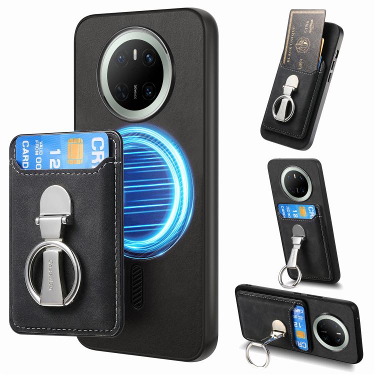 For Huawei Mate 70 Pro Retro Folding Ring Holder Card Bag MagSafe Phone Case(Black) - Huawei Cases by PMC TechLife | Online Shopping South Africa | PMC TechLife | Buy Now Pay Later Mobicred