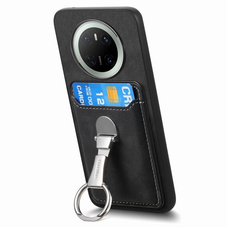 For Huawei Mate 70 Pro Retro Folding Ring Holder Card Bag MagSafe Phone Case(Black) - Huawei Cases by PMC TechLife | Online Shopping South Africa | PMC TechLife | Buy Now Pay Later Mobicred