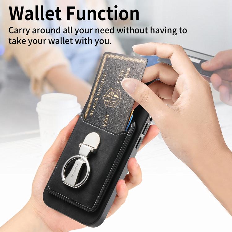 For Huawei Mate 70 Pro Retro Folding Ring Holder Card Bag MagSafe Phone Case(Black) - Huawei Cases by PMC TechLife | Online Shopping South Africa | PMC TechLife | Buy Now Pay Later Mobicred
