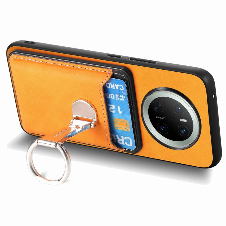 For Huawei Mate 70 Pro Retro Folding Ring Holder Card Bag MagSafe Phone Case(Yellow) - Huawei Cases by PMC TechLife | Online Shopping South Africa | PMC TechLife | Buy Now Pay Later Mobicred