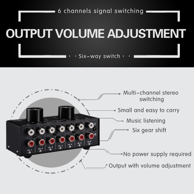 B016 6 Input 1 Output Audio Signal Source Selection Switcher, Output Volume Adjustment Control RCA Port -  by PMC Jewellery | Online Shopping South Africa | PMC Jewellery | Buy Now Pay Later Mobicred