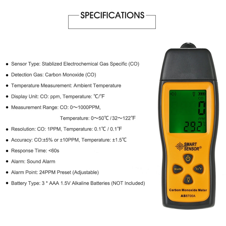 Smart Sensor AS8700A Handheld Carbon Monoxide Meter High Precision Digital CO Leak Detector Analyzer,  Sound  Light Alarm, Range: 0-1000ppm - Gas Monitor by BENETECH | Online Shopping South Africa | PMC Jewellery | Buy Now Pay Later Mobicred