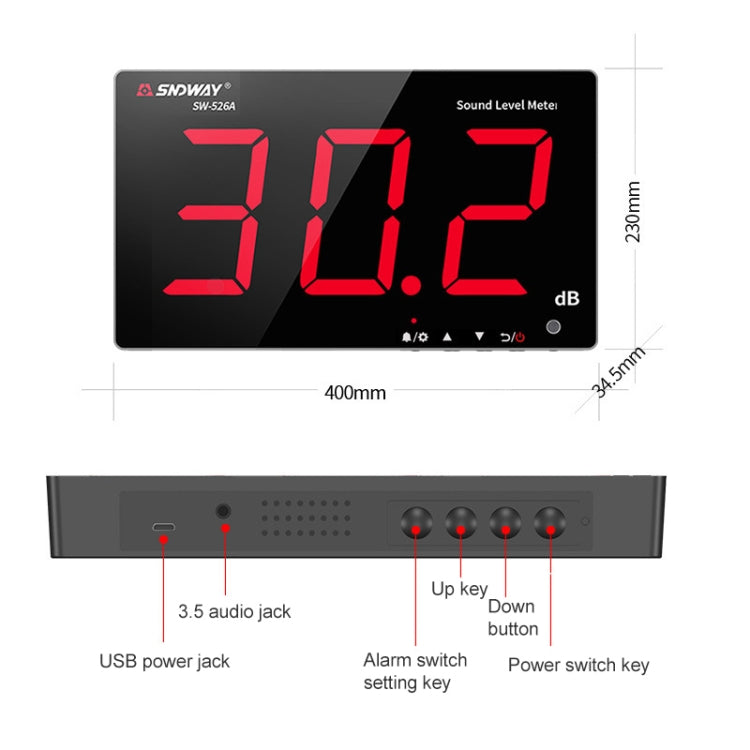 SNDWAY Wall-mounted 30~130dB Large Screen Digital Display Noise Decibel Monitoring Testers, Specification:SW526A 18 inch Display - Light & Sound Meter by SNDWAY | Online Shopping South Africa | PMC Jewellery | Buy Now Pay Later Mobicred