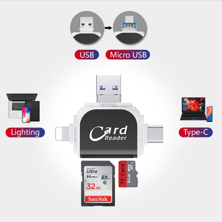 R015 USB2.0 & Micro USB+8Pin+Type-C 4 In 1 Card Reader Supports SD/TF Card(Black) -  by PMC TechLife | Online Shopping South Africa | PMC TechLife