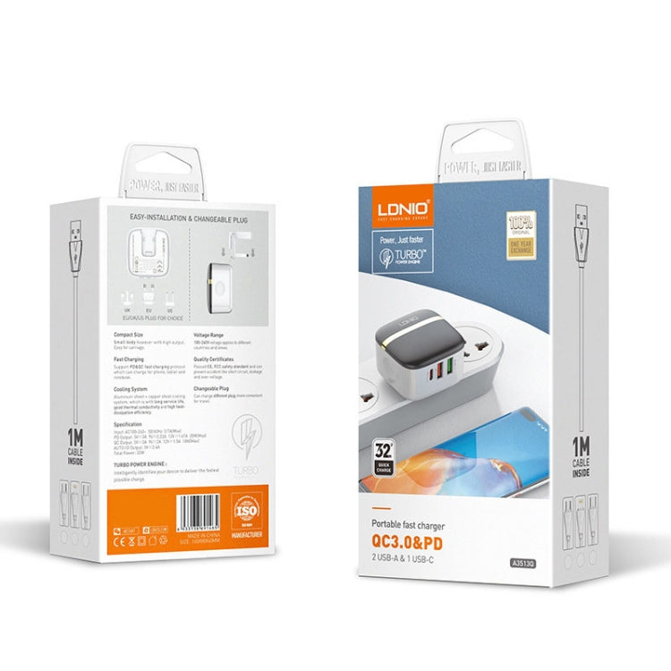 LDNIO A3513Q 32W QC3.0 3 USB Ports Phone Adapter EU Plug with Type-C Cable - free shipping - PMC TechLife - Order now!