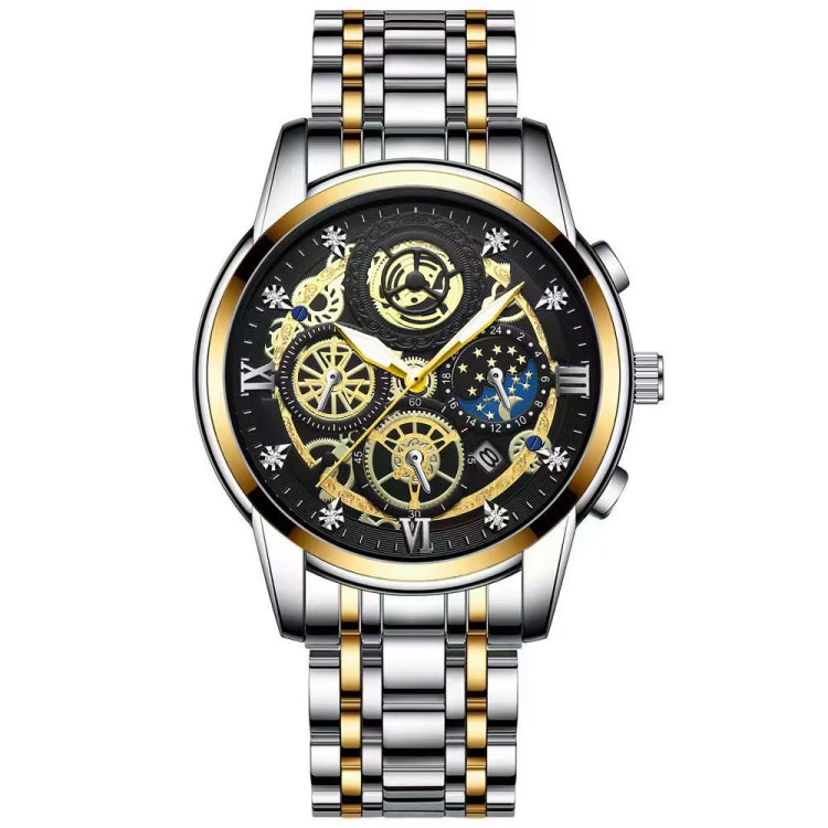 BINBOND 4010 Multifunctional Waterproof Hollowed Luminous Quartz Watch(Inter-gold Black Surface) - free shipping - PMC TechLife - Order now!