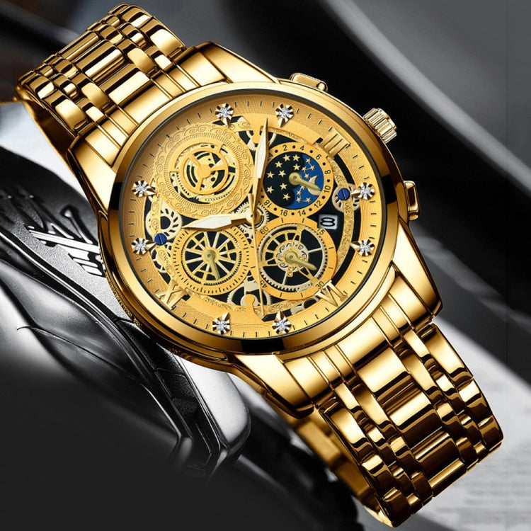 BINBOND 4010 Multifunctional Waterproof Hollowed Luminous Quartz Watch(Inter-gold Black Surface) - free shipping - PMC TechLife - Order now!