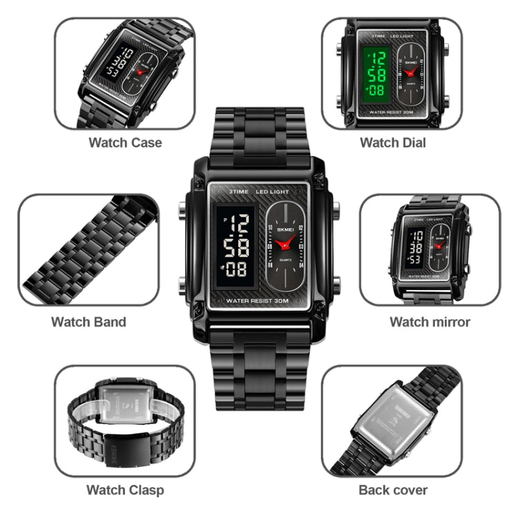 SKMEI 1868 Square Double Display Waterproof Men Watch, Style: Leather Belt (Silver) - free shipping - PMC TechLife - Order now!