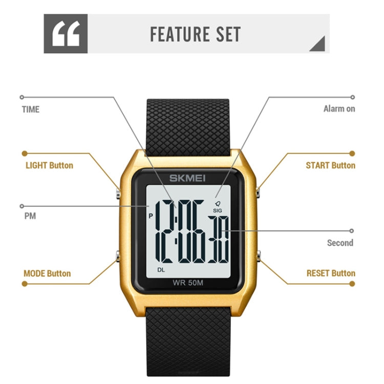 SKMEI 1866 Square Large Screen Men Steel Belt Multi-function Night Light Alarm Clock Watch(Black Black Machine) - free shipping - PMC TechLife - Order now!