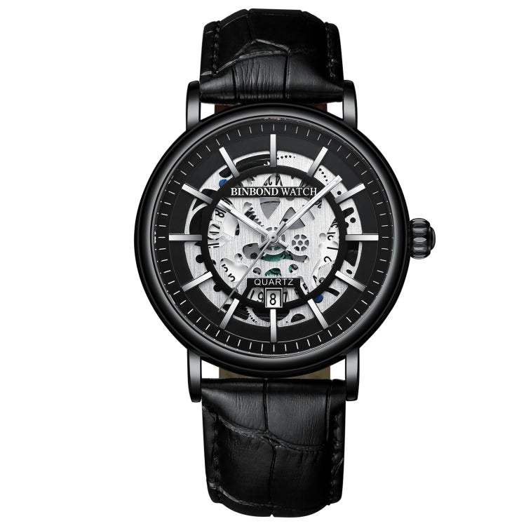 BINBOND B7872 Multifunctional Hollow Luminous Waterproof Quartz Watch, Color: Black Leather-Black-Black - free shipping - PMC TechLife - Order now!