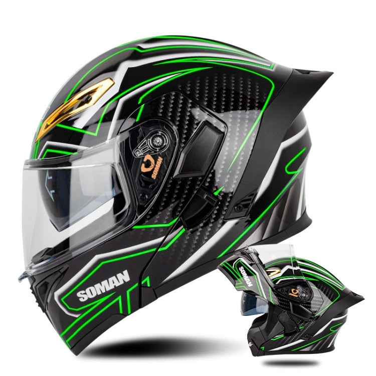 SOMAN Motorcycle Dual Lens Riding Peel-Off Full Coverage Helmet, Size: XXL(Bright Black Green) - Helmets by SOMAN | Online Shopping South Africa | PMC Jewellery | Buy Now Pay Later Mobicred