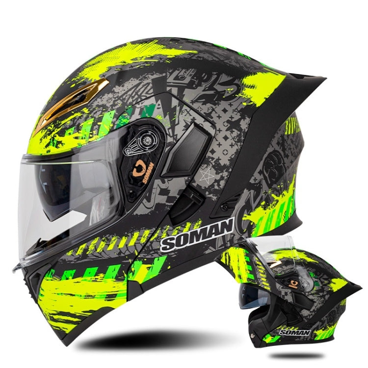 SOMAN Motorcycle Dual Lens Riding Peel-Off Full Coverage Helmet, Size: XXL(Black Fluorescent Yellow Spark) - Helmets by SOMAN | Online Shopping South Africa | PMC Jewellery | Buy Now Pay Later Mobicred