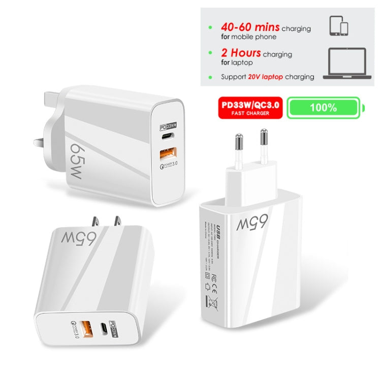 A502 65W USB-C/Type-C+USB Dual Port GaN Charger QC3.0 Laptop Universal Charger EU Plug White - USB Charger by PMC Jewellery | Online Shopping South Africa | PMC Jewellery | Buy Now Pay Later Mobicred