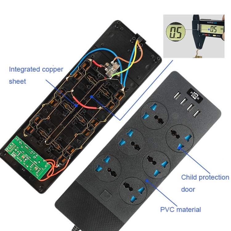 TB-T12 3000W 2m 4-USB Ports + 6-Jacks Multifunctional Flame-Retardant Socket With Switch(UK Plug) - Extension Socket by PMC Jewellery | Online Shopping South Africa | PMC Jewellery | Buy Now Pay Later Mobicred