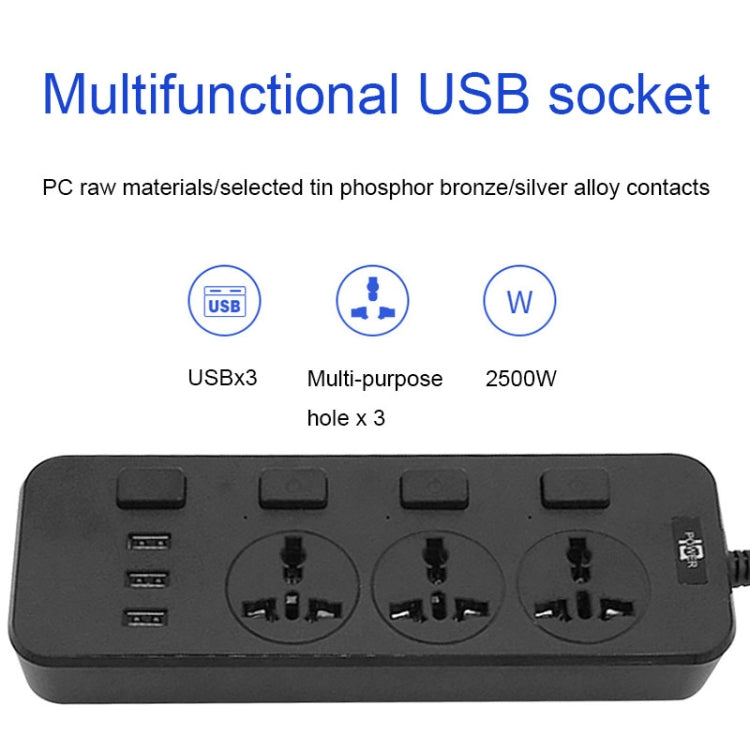 T14 2m 2500W 3 Plugs + 3-USB Ports Multifunctional Socket With Switch, Specification: US Plug (White) - Extension Socket by PMC TechLife | Online Shopping South Africa | PMC TechLife | Buy Now Pay Later Mobicred