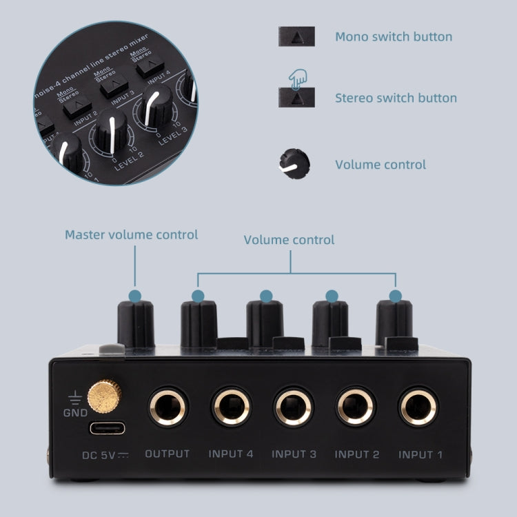 Ultra-compact 4 Channel Stereo Sound Low-noise Mixer For Recording Live Broadcasting, US Plug(MAX400) - Live Sound Effects Processors by PMC Jewellery | Online Shopping South Africa | PMC Jewellery | Buy Now Pay Later Mobicred