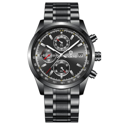 BINBOND B6022 30m Waterproof Luminous Multifunctional Quartz Watch, Color: Black Steel-Black - Metal Strap Watches by BINBOND | Online Shopping South Africa | PMC Jewellery