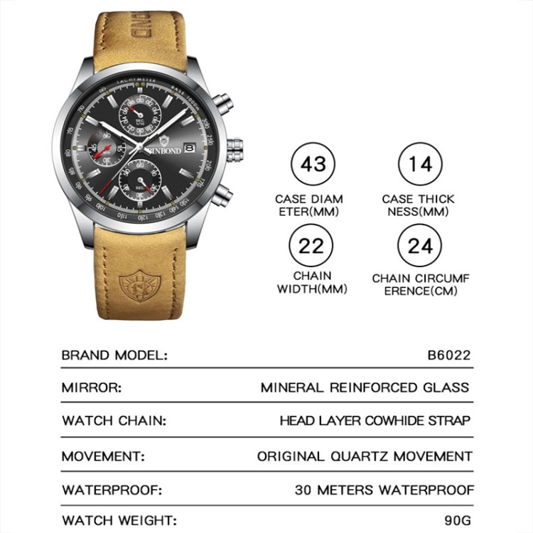 BINBOND B6022 30m Waterproof Luminous Multifunctional Quartz Watch, Color: Black Steel-Blue - Metal Strap Watches by BINBOND | Online Shopping South Africa | PMC Jewellery