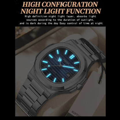 BINBOND B1885 30m Waterproof Retro Luminous Square Men Quartz Watch, Color: Rose Gold-Blue - Metal Strap Watches by BINBOND | Online Shopping South Africa | PMC Jewellery