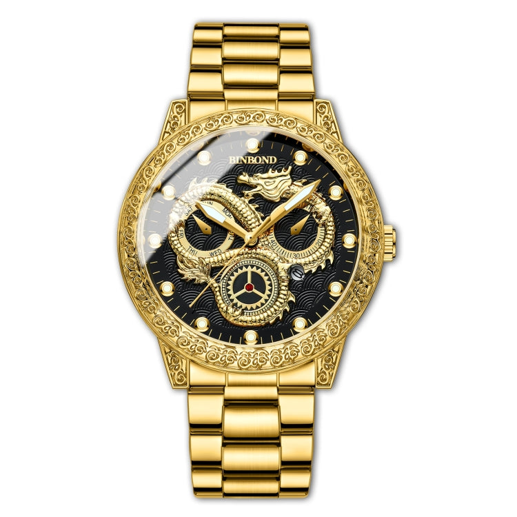 BINBOND B3030 Embossed Dragon Luminous Waterproof Quartz Watch, Color: Full-gold Black - Metal Strap Watches by BINBOND | Online Shopping South Africa | PMC Jewellery