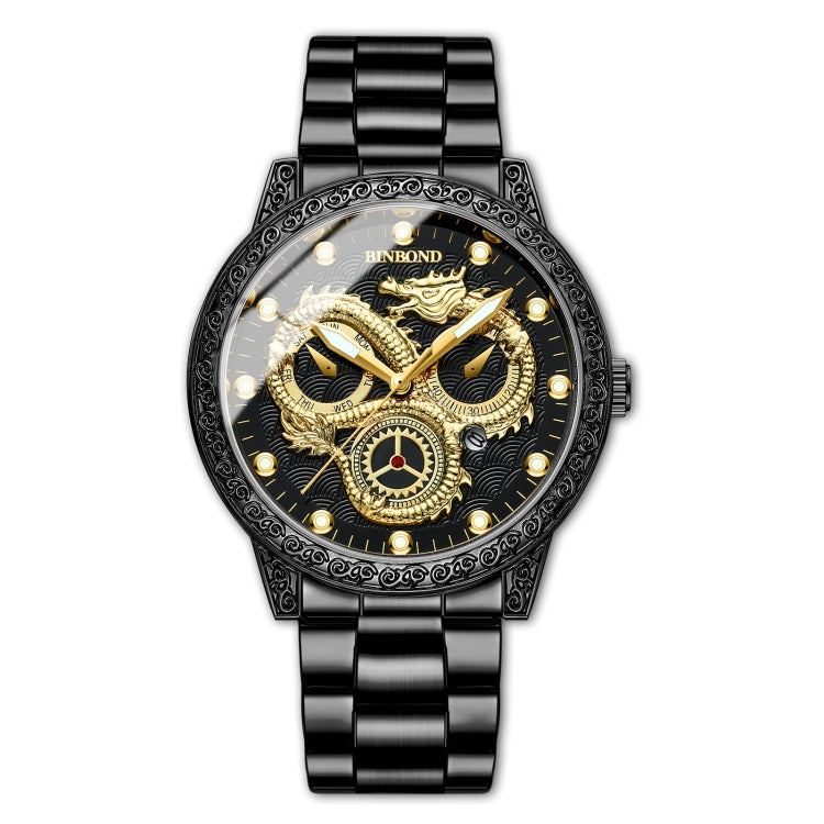 BINBOND B3030 Embossed Dragon Luminous Waterproof Quartz Watch, Color: Black Steel-Black - Metal Strap Watches by BINBOND | Online Shopping South Africa | PMC Jewellery