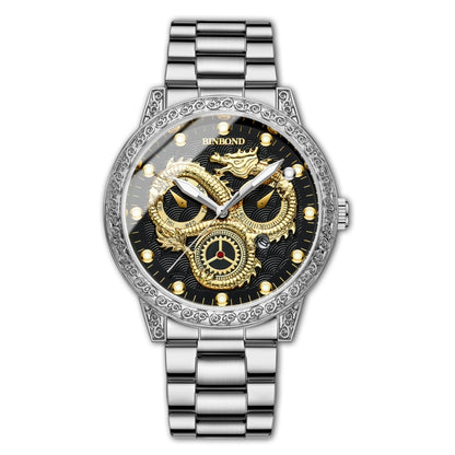 BINBOND B3030 Embossed Dragon Luminous Waterproof Quartz Watch, Color: White Steel-Black - Metal Strap Watches by BINBOND | Online Shopping South Africa | PMC Jewellery | Buy Now Pay Later Mobicred