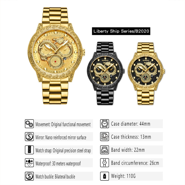 BINBOND B3030 Embossed Dragon Luminous Waterproof Quartz Watch, Color: Full-gold Gold - Metal Strap Watches by BINBOND | Online Shopping South Africa | PMC Jewellery