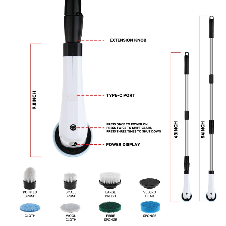 Cordless Electric Spin Scrubber Extension Handle with 7 Replacement Heads(White) - free shipping - PMc TechLife - Order now!