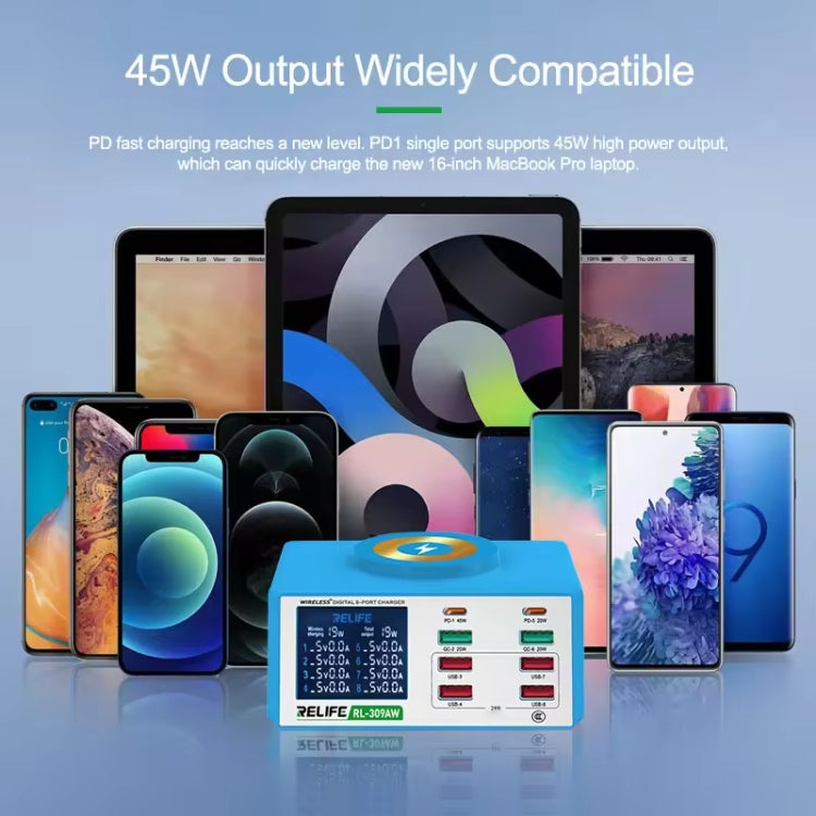 RELIFE RL-309AW  QC3.0 PD Fast Wireless Charger With LCD Display 8 Ports(US Plug) - free shipping - PMC TechLife - Order now!