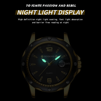 BINBOND B9696 Outdoor Calendar Luminous Waterproof Quartz Watch, Color: Full Gold-Black-Gold Nail - Metal Strap Watches by BINBOND | Online Shopping South Africa | PMC Jewellery | Buy Now Pay Later Mobicred