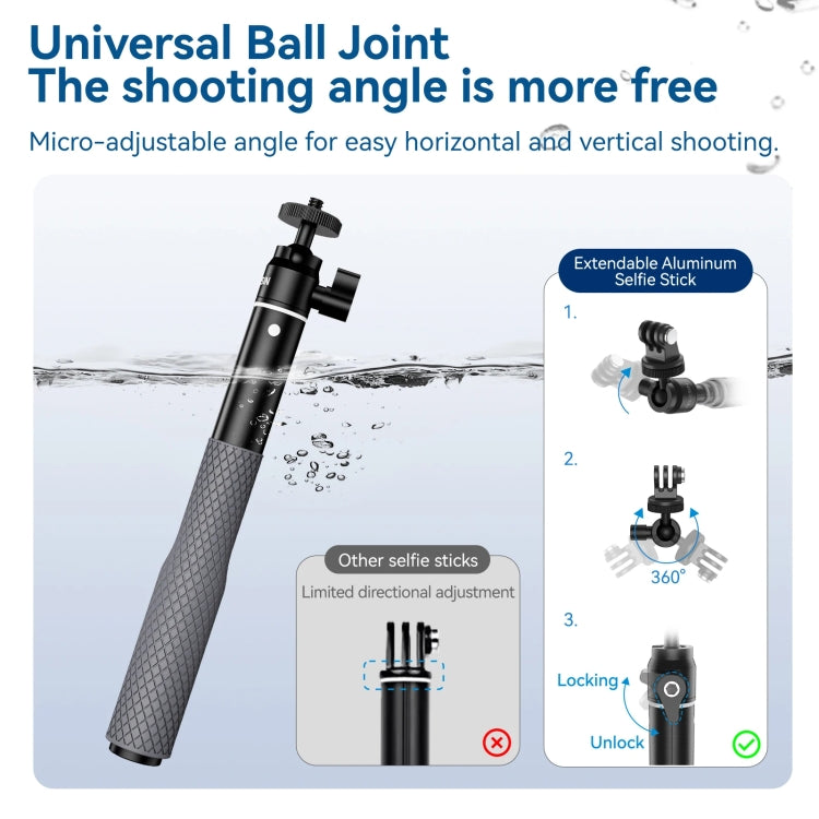 TELESIN WSS-001 65.4cm Aluminum Alloy Waterproof Ball Head Selfie Stick Diving Shooting Sports Camera Extension Stick - Extendable Pole by TELESIN | Online Shopping South Africa | PMC Jewellery | Buy Now Pay Later Mobicred