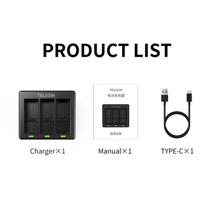 TELESIN GP-BCG-902 Battery 3 Slots Charger For GoPro HERO12 Black / HERO11 Black / HERO10 Black / HERO9 Black - Charger by TELESIN | Online Shopping South Africa | PMC Jewellery | Buy Now Pay Later Mobicred