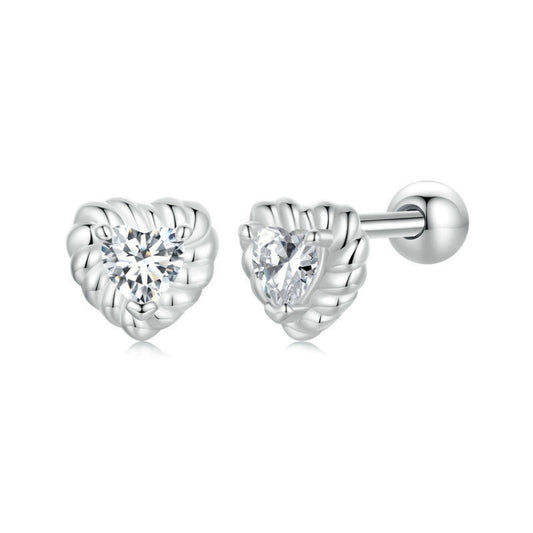 S925 Sterling Silver Threaded Shining Moissanite Heart Earrings(MSE052) - Stud Earrings & Earrings by PMC Jewellery | Online Shopping South Africa | PMC Jewellery | Buy Now Pay Later Mobicred