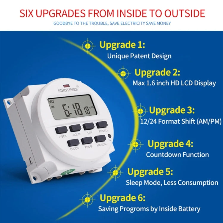 SINOTIMER TM618N-2 220V 7 Days Weekly Programmable Digital Electronic Timer Switch - free shipping - PMC TechLife - Order now!