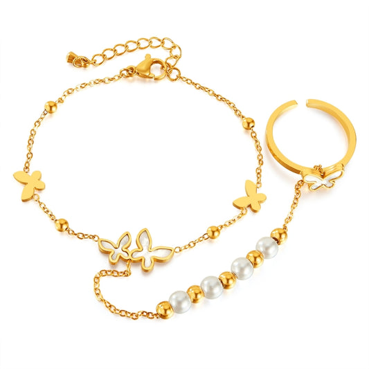 OPK GS1554 2 In 1 Simple Pearl Stainless Steel Butterfly Opening Ring Integrated Bracelet - Bracelets by OPK | Online Shopping South Africa | PMC Jewellery | Buy Now Pay Later Mobicred