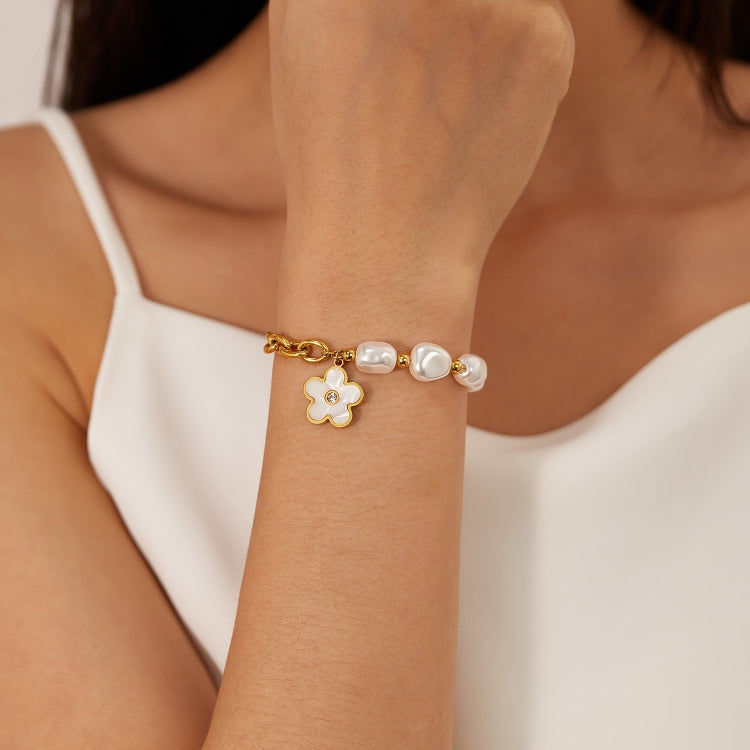 OPK GS1564 Stainless Steel Flower Pendant Pearl Bracelet(Gold) - Bracelets by OPK | Online Shopping South Africa | PMC Jewellery | Buy Now Pay Later Mobicred