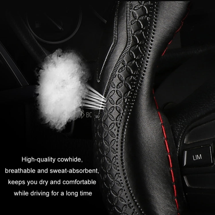 38cm Four-Season Embossed Hand-Sewn Cowhide Steering Wheel Cover(Coffee) - Steering Wheel Accessories by PMC TechLife | Online Shopping South Africa | PMC TechLife | Buy Now Pay Later Mobicred